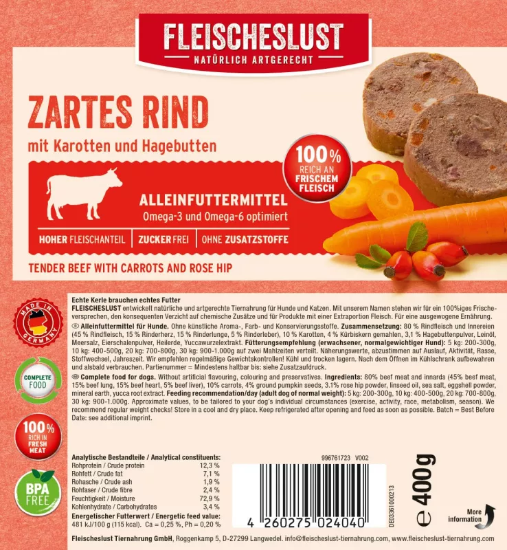 Zartes Rind mit Karotten und Hagebutte 400g
